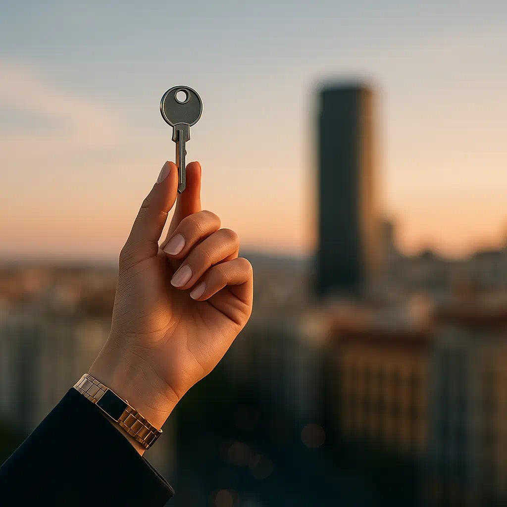 Mano elegante sosteniendo una llave plateada con la silueta de una ciudad española al fondo al atardecer, simbolizando que una coartada perfecta es la llave hacia más libertad y confianza.