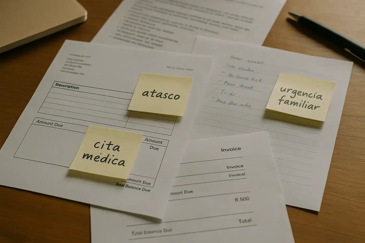 Escritorio con documentos y notas adhesivas escritas a mano con frases como “cita médica”, “atasco” y “urgencia familiar”, simbolizando mentiras creíbles en la vida cotidiana.