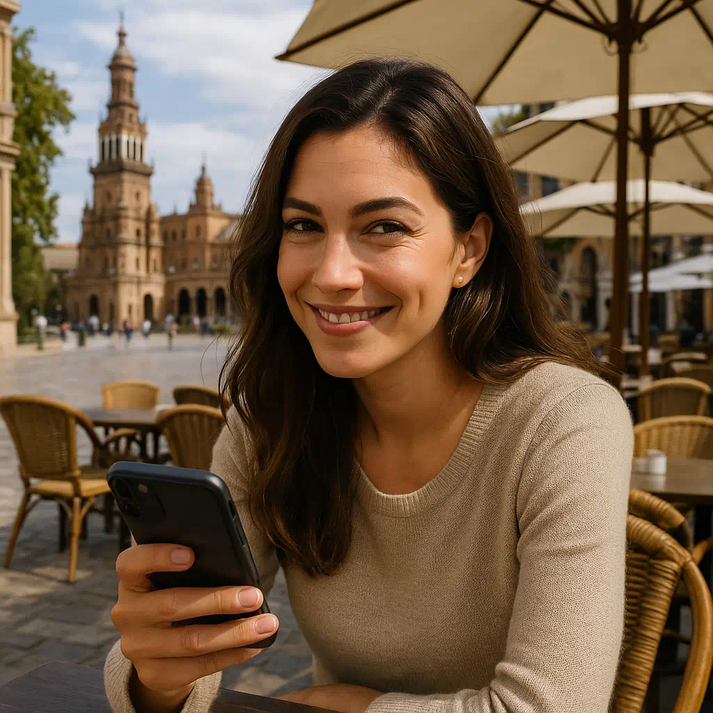 Excusas en WhatsApp: Mujer sonriente y cómplice en una terraza de café en Sevilla, mirando a la cámara mientras sostiene su smartphone, con la Plaza de España de fondo.
