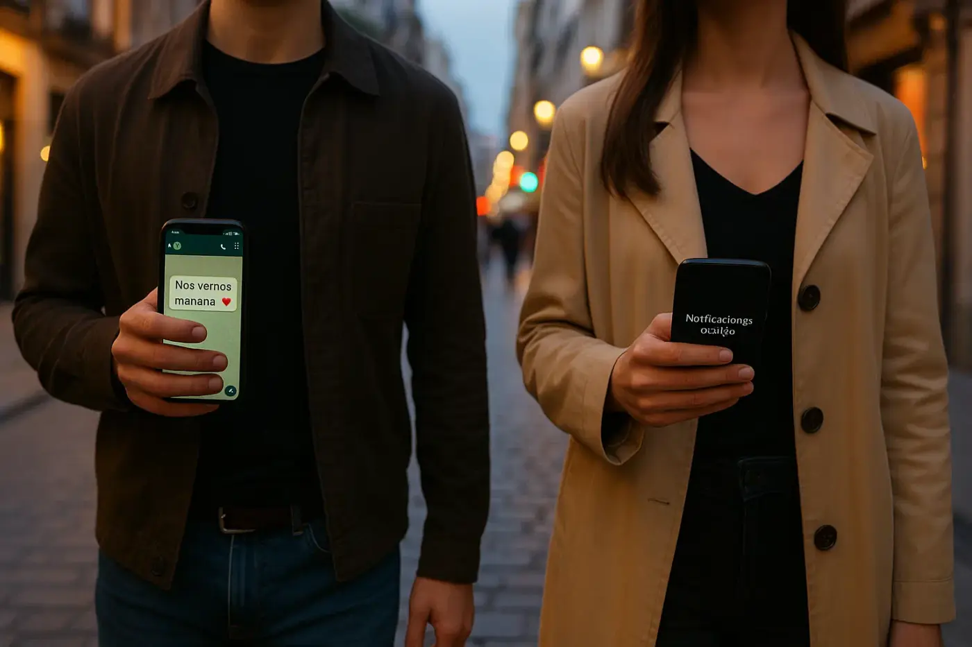 Dos personas caminan separadas en una calle iluminada; uno muestra un chat romántico en WhatsApp, el otro tiene notificaciones ocultas, simbolizando una relación discreta.