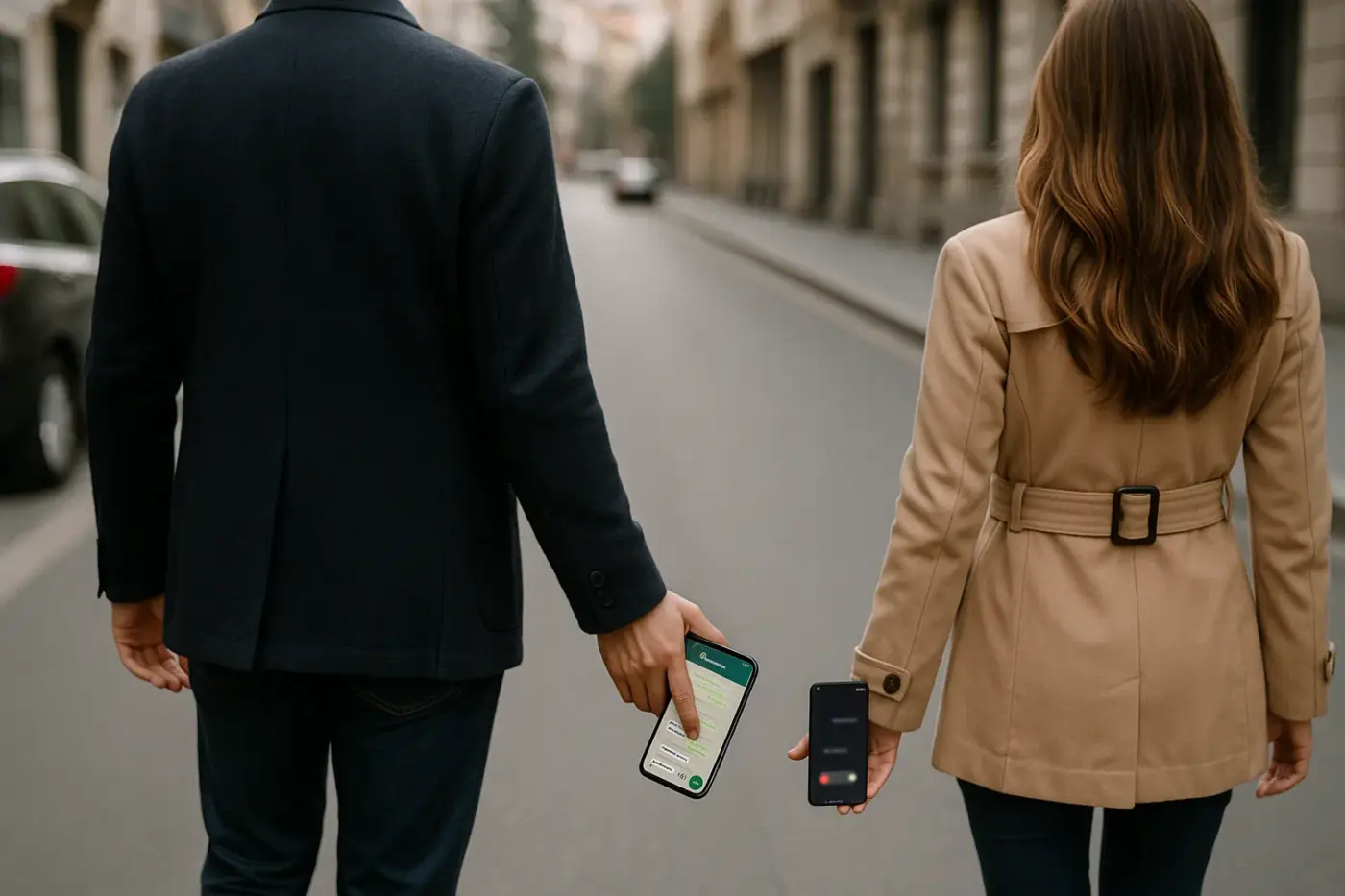 Dos personas caminan separadas por una calle mientras sostienen sus móviles; en una pantalla se ve un chat abierto de WhatsApp, en la otra notificaciones ocultas, simbolizando una relación discreta.