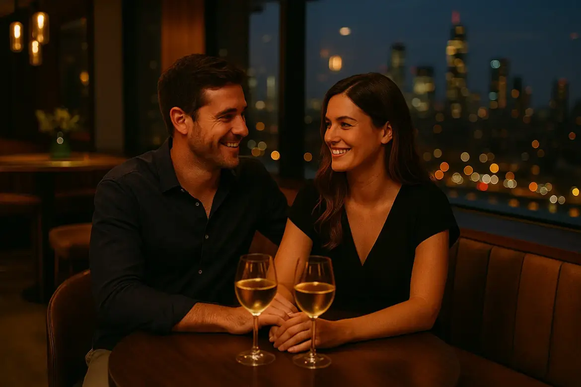 Pareja joven en una elegante bar con la ciudad iluminada de fondo, disfrutando de un momento íntimo y libre de preguntas externas.