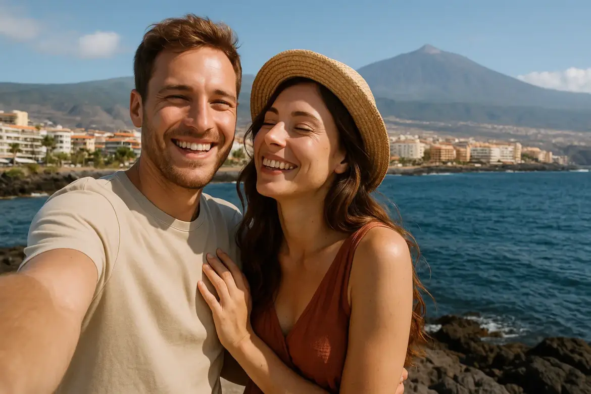 Pareja feliz y enamorada disfrutando de sus vacaciones en Tenerife, con vistas al mar y al Teide al fondo.