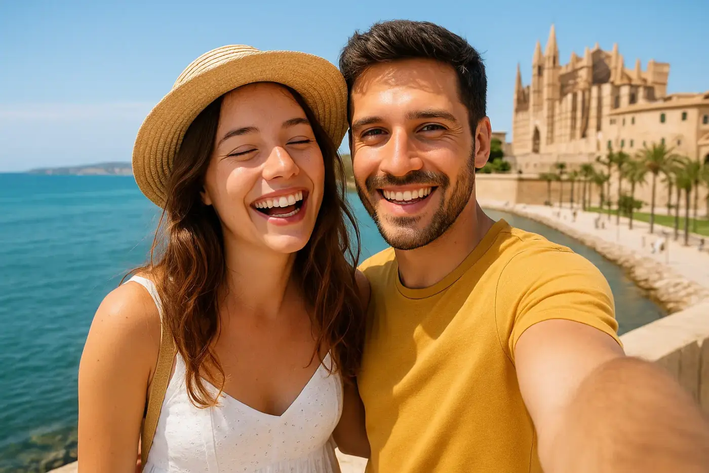 Pareja española disfrutando de sus vacaciones en Mallorca, sonriendo frente al mar y la catedral – imagen perfecta de felicidad y viaje.