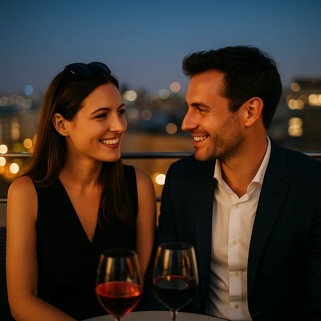 Pareja joven en una azotea elegante con copas de vino, sonriendo mientras la ciudad iluminada brilla al fondo, simbolizando coartadas para relaciones, intimidad protegida y libertad.