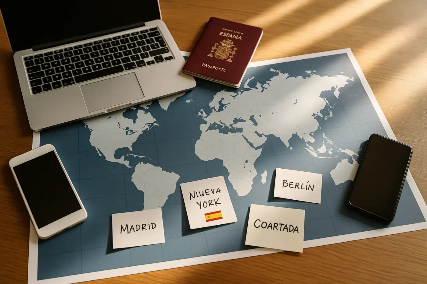 Mapa mundial sobre escritorio con portátil, pasaporte español y notas con ciudades, destacando a España dentro de una red internacional de coartadas.