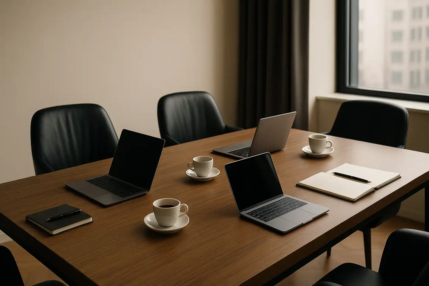 Mesa de reuniones moderna con portátiles, notas y tazas de café, pero sin personas presentes, simbolizando una reunión profesional que parece real aunque nunca ocurrió.