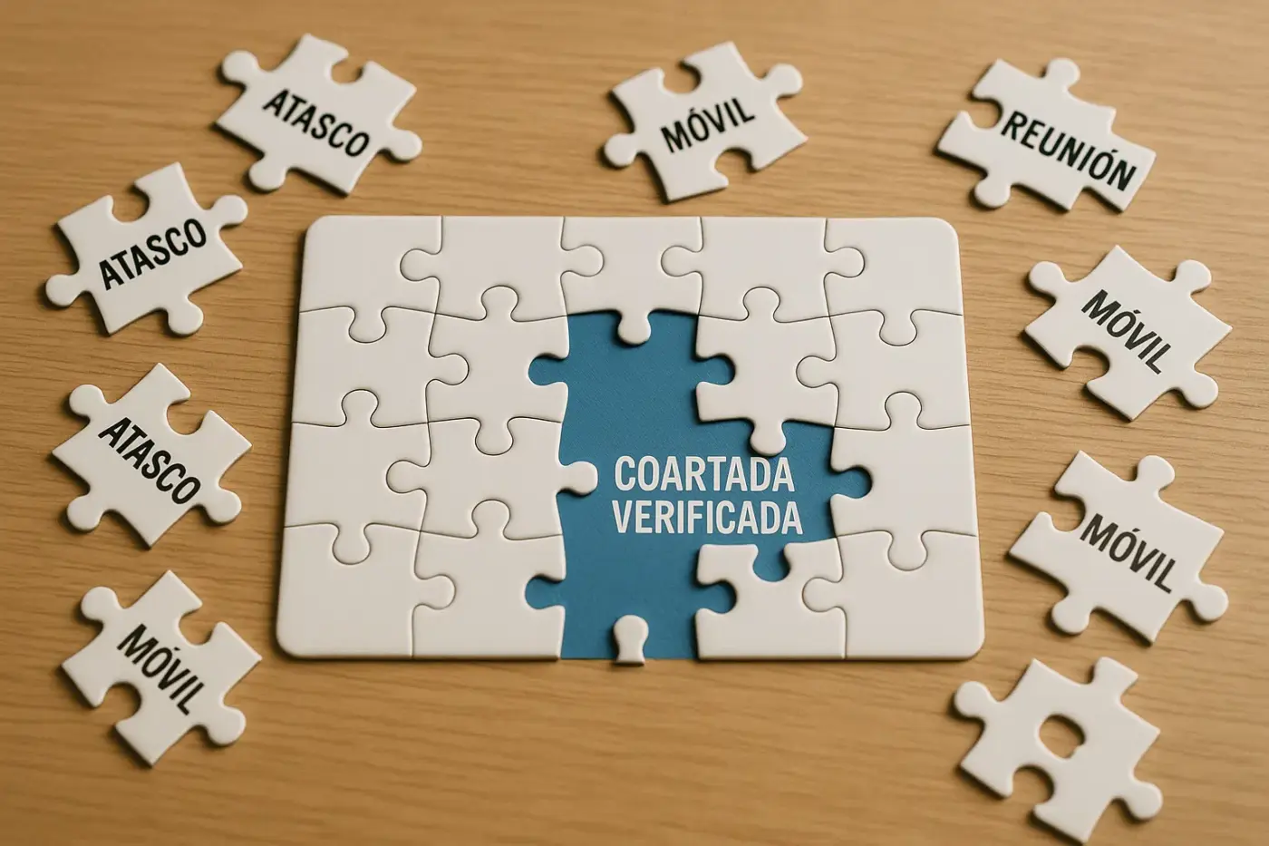 Puzzle incompleto con piezas de excusas desordenadas y una pieza central marcada como “Coartada verificada”, simbolizando la solución perfecta.