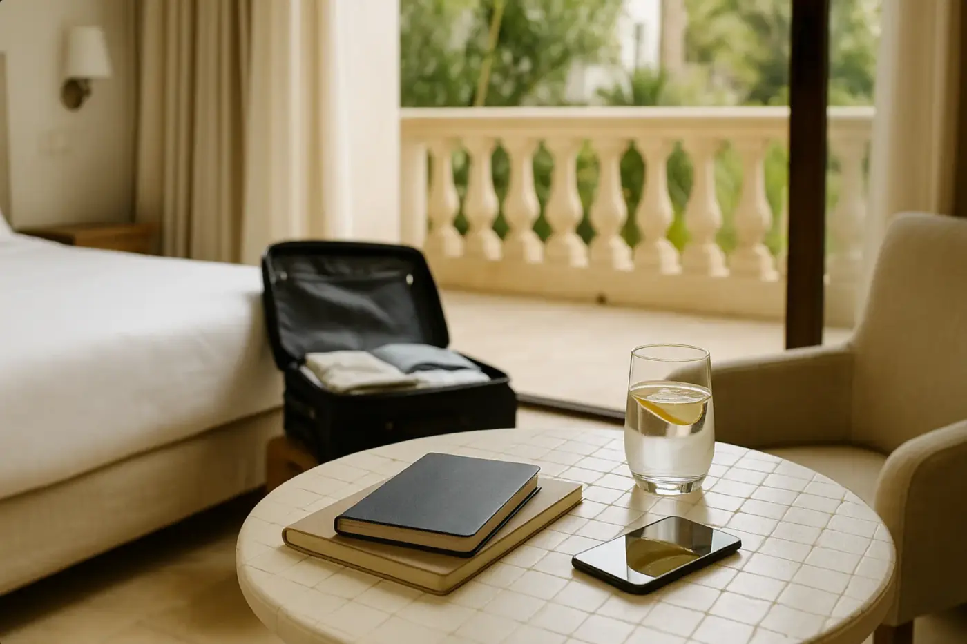 Habitación luminosa de hotel con pasaporte, cuaderno y vaso de agua en la mesa, maleta abierta al fondo y balcón mediterráneo, simbolizando una ausencia discreta y personal.