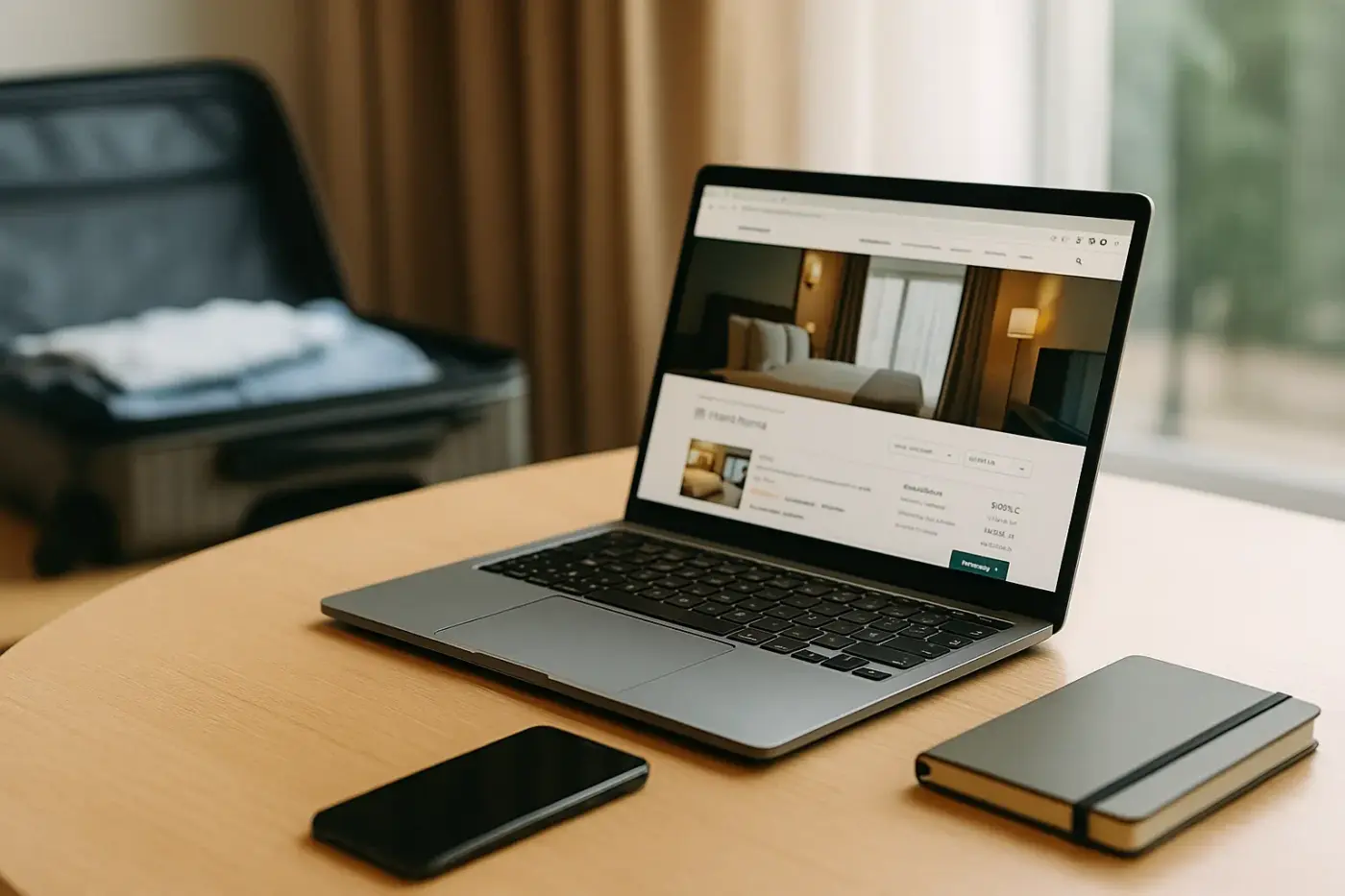 Portátil con página de reserva de hotel abierto en una mesa junto a un móvil y cuaderno, con una maleta abierta de fondo, simbolizando coherencia digital y planificación de viaje.