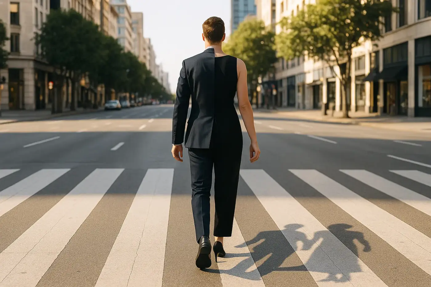 Persona cruza un paso de peatones con un lado en traje de negocios y el otro en ropa de noche elegante, proyectando dos sombras paralelas que simbolizan una vida secreta y una vida paralela.